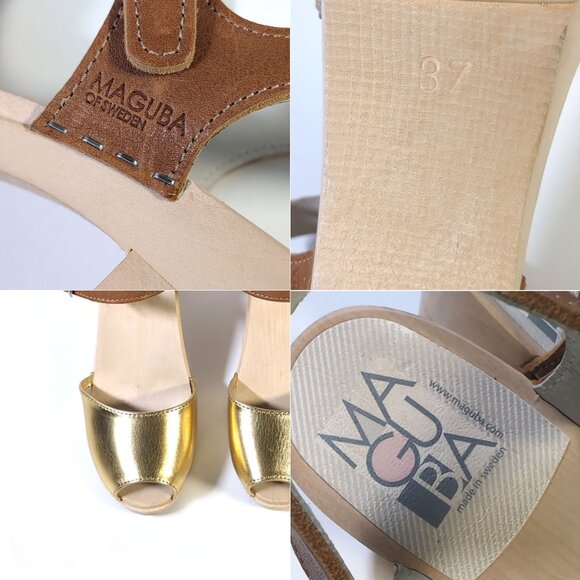 MAGUBA Clogs 37 Gold Open Toe Leather Heeled Swedish Clog Sandals *PRIMO* - Picture 12 of 12